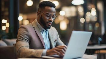 Man using laptop, headhunting and human resources photo