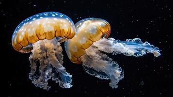 Giant jellyfish swimming in dark water photo