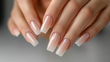 Closeup to woman hands with elegant neutral colors manicure photo