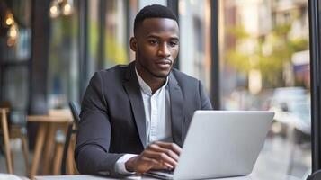 Man using laptop, headhunting and human resources photo