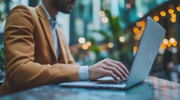 Man using laptop, headhunting and human resources photo