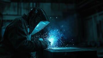Wired worker welding with blue sparks in dark factory photo