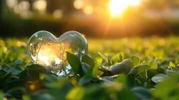 Crystal earth in heart shape on green leaves photo