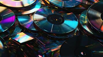 Colorful stack of CDs in a chaotic pile photo