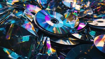 Colorful stack of CDs in a chaotic pile photo
