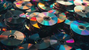 Colorful stack of CDs in a chaotic pile photo