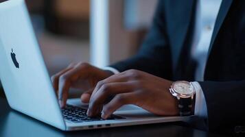 Man using laptop, headhunting and human resources photo