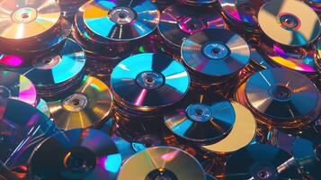 Colorful stack of CDs in a chaotic pile photo