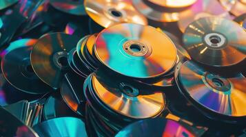 Colorful stack of CDs in a chaotic pile photo