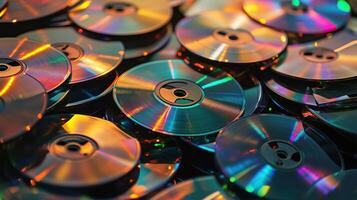 Colorful stack of CDs in a chaotic pile photo