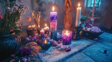 Beautiful esoteric and mystical altar for meditation photo