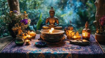 Beautiful esoteric and mystical altar for meditation photo