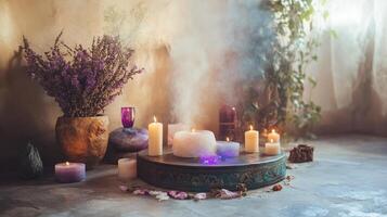 Beautiful esoteric and mystical altar for meditation photo
