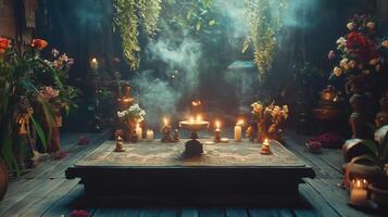 Beautiful esoteric and mystical altar for meditation photo