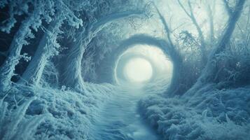 Winter landscape pathway through a snowy icy forest. photo