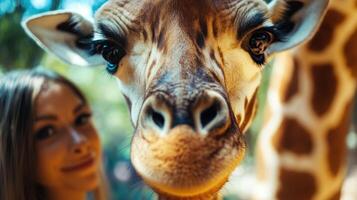 Closeup of a giraffe portrait at the zoo. photo