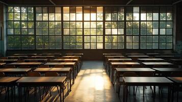 An empty classroom with rows of desks and chairs photo