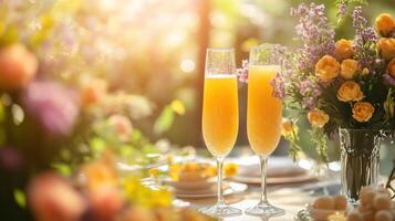 Springtime brunch mimosas table with flowers and decorations. photo