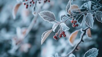 Closeup photograph of icy frost on tree branch photo