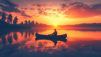 silhouette of a person in a boat at sunset. photo