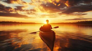 silhouette of a person in a boat at sunset. photo