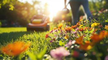 A close-up view of a person mowing the lawn in a garden photo