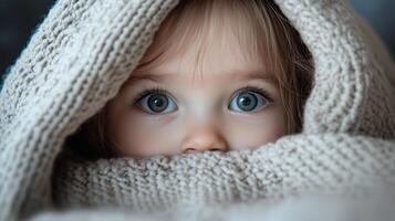 A young child peeks out from under a blanket photo