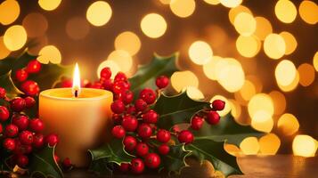 A festive arrangement of holly berries and a candle photo