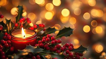 A festive arrangement of holly berries and a candle photo