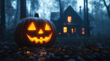 A glowing jack-o'-lantern in a dark photo