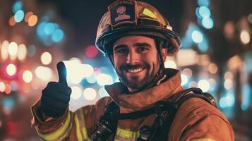 A cheerful firefighter in full gear giving a thumbs up photo