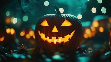 Carved jack-o'-lanterns glowing in the dark photo