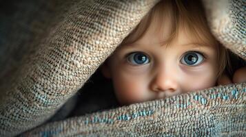 A young child peeks out from under a blanket photo