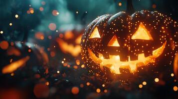 Carved jack-o'-lanterns glowing in the dark photo
