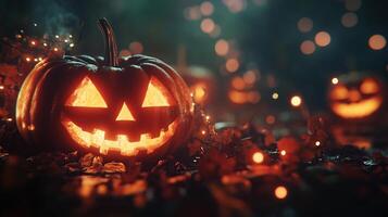Carved jack-o'-lanterns glowing in the dark photo