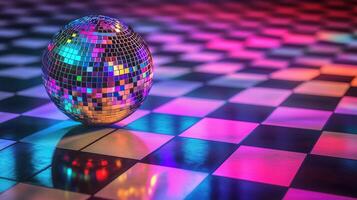 Close-up of a disco ball reflecting colorful lights photo