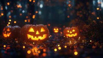 Carved jack-o'-lanterns glowing in the dark photo