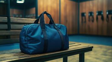 A blue gym bag placed on a bench in a locker room photo