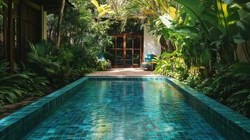 A tranquil blue tiled pool surrounded by lush tropical greenery photo