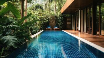 A tranquil blue tiled pool surrounded by lush tropical greenery photo