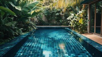 A tranquil blue tiled pool surrounded by lush tropical greenery photo