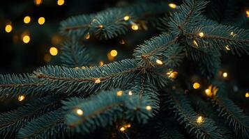 Close-up of pine tree branches adorned with glowing Christmas lights photo