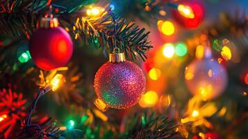 Close-up of colorful Christmas tree decorations photo