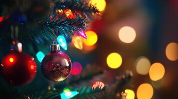 Close-up of colorful Christmas tree decorations photo