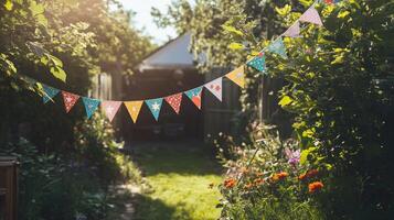 Colorful bunting with star patterns strung in a sunlit garden photo
