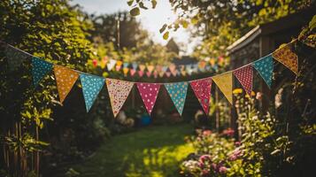 Colorful bunting with star patterns strung in a sunlit garden photo