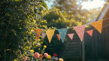 Colorful bunting with star patterns strung in a sunlit garden photo