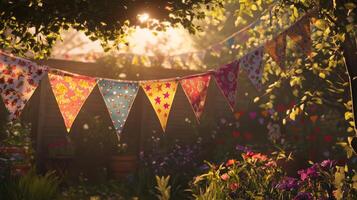 Colorful bunting with star patterns strung in a sunlit garden photo