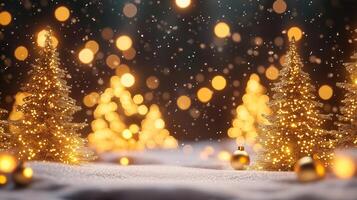 Golden Christmas trees with baubles in snow photo