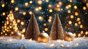 Golden Christmas trees with baubles in snow photo